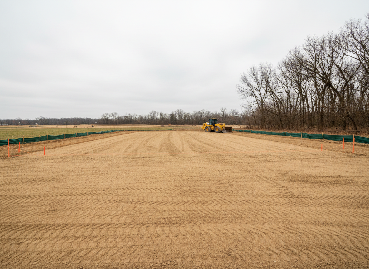 A wide construction site in Central Ohio where land clearing has just been completed, showing a smooth, freshly graded pad ready for a new building. The foreground features compacted soil with visible track marks forming subtle patterns, leading the eye toward a level, squared-off building site bordered by orange survey stakes and a simple silt fence. In the midground, a track loader rests neatly parked, bucket lowered, with a small stand of remaining mature trees framing one side. Overcast daylight creates soft, diffused lighting with minimal shadows, highlighting the evenness of the grade. Captured from an elevated, three-quarter angle in photographic realism, the composition uses the rule of thirds to balance equipment and open land, projecting an organized, methodical, and highly professional site preparation service.