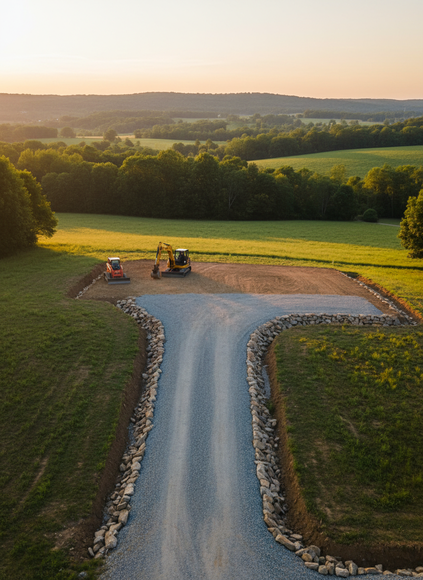 A carefully prepared rural homesite in South Eastern Ohio, showing a newly cut, gently sloping driveway leading to a level building pad perched on a low rise. The soil is freshly compacted, with clear drainage ditches on either side lined with angular rock, guiding water away from the future house site. A compact excavator and small dozer sit parked at the pad’s edge, aligned neatly, their blades and buckets cleaned of excess soil. Early evening light casts a warm, peaceful glow over the scene, with a tree-lined ridge and open pasture in the distance. Photographic realism, shot from a mid-height angle looking slightly downward, uses leading lines from the driveway to create depth and a reassuring, professional mood focused on thoughtful, long-term site preparation.