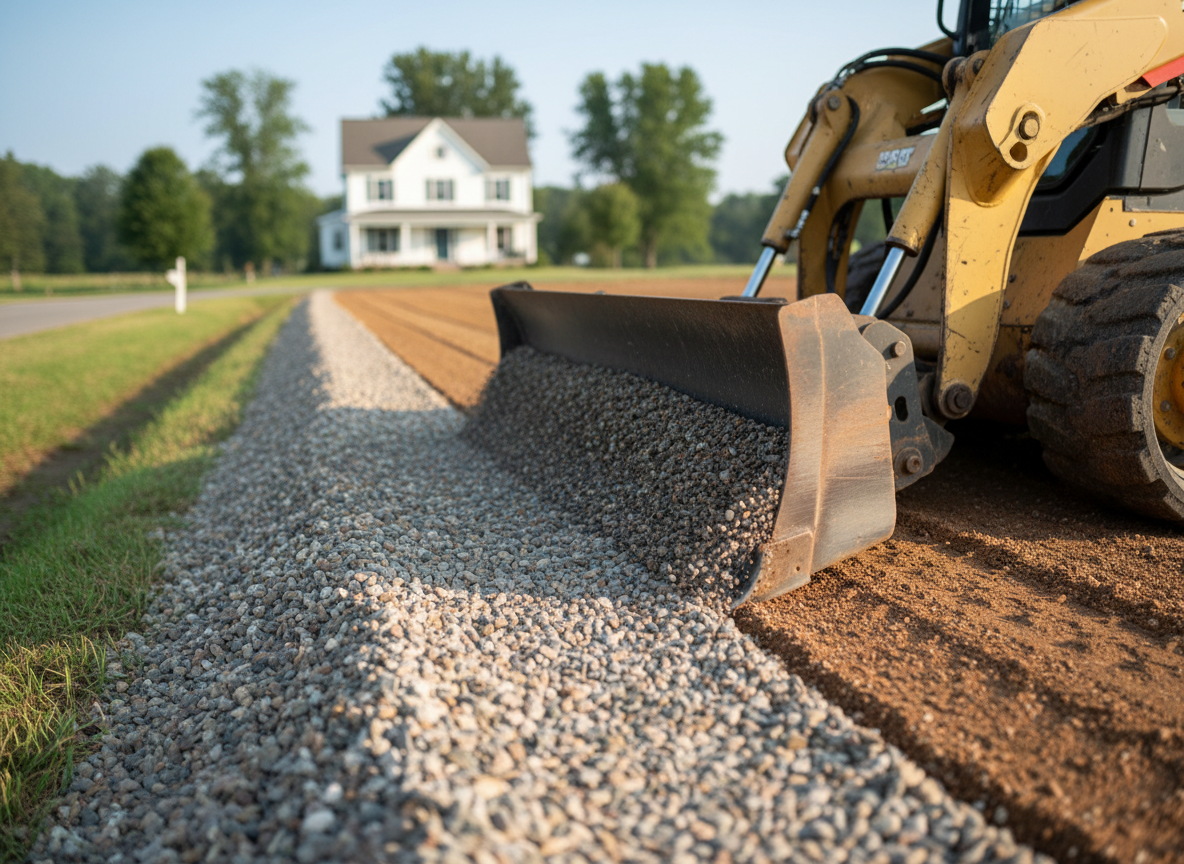 A detailed close-up scene of precise grading work on a residential lot in South Eastern Ohio, showcasing a steel grading blade smoothing a driveway cut into compacted gravel and soil. The blade edge creates a crisp, straight line, with fine gravel cascading gently off the side, forming a uniform slope down to a roadside ditch. Tire tracks run parallel, demonstrating methodical passes across the site. In the background, slightly out of focus, a modest farmhouse and tree line suggest a rural neighborhood. Soft late-morning sunlight illuminates the textures of gravel and earth, casting delicate shadows that accentuate the level surface. Shot at ground level with shallow depth of field in photographic realism, the mood is focused and meticulous, emphasizing craftsmanship and attention to detail in grading services.