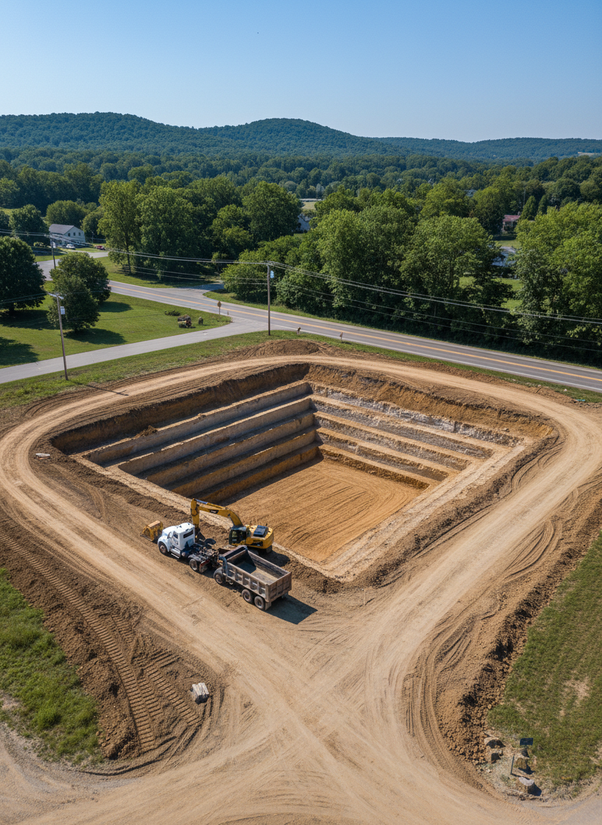 A precise commercial building pad excavation in a small Ohio town, captured from a high, almost drone-like perspective. The rectangular footprint is sharply defined with clean, straight cut edges and evenly stepped sides, surrounded by compacted access paths bearing clear track marks. At one corner, a medium-sized excavator and a dump truck are positioned neatly, buckets and beds empty, suggesting a paused but well-coordinated operation. The surrounding environment includes a modest roadway, scattered utility poles, and a backdrop of rolling tree-covered hills typical of South Eastern Ohio. Bright, clear midday sunlight provides strong, even illumination, revealing subtle color variations in the exposed soil layers. Photographic realism with balanced composition and crisp detail conveys order, planning, and the professional scope of larger excavation and site preparation projects.
